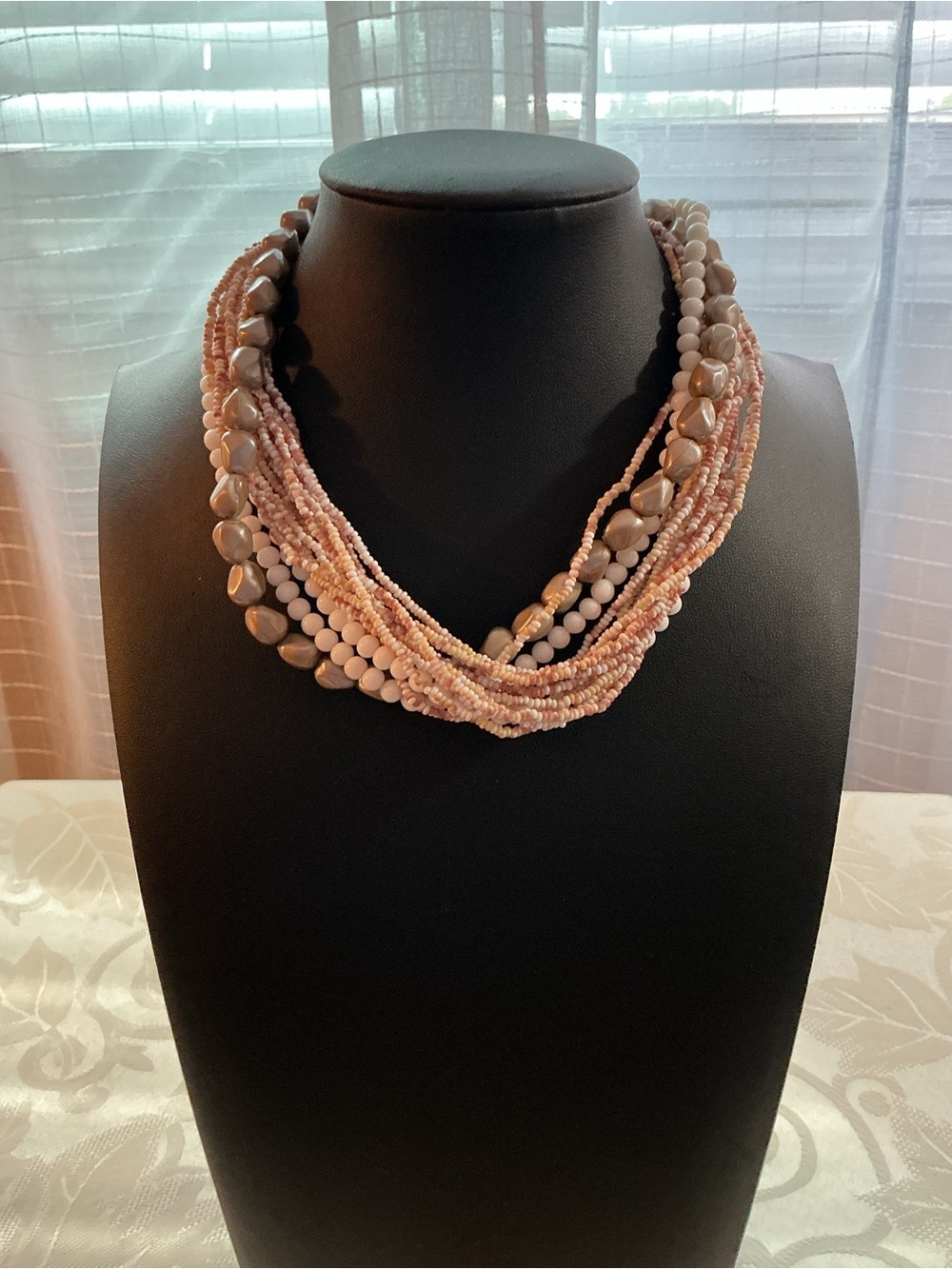 Cream, Beige & Blush Seed Bead and Faux Pearl Gold Tone Necklace